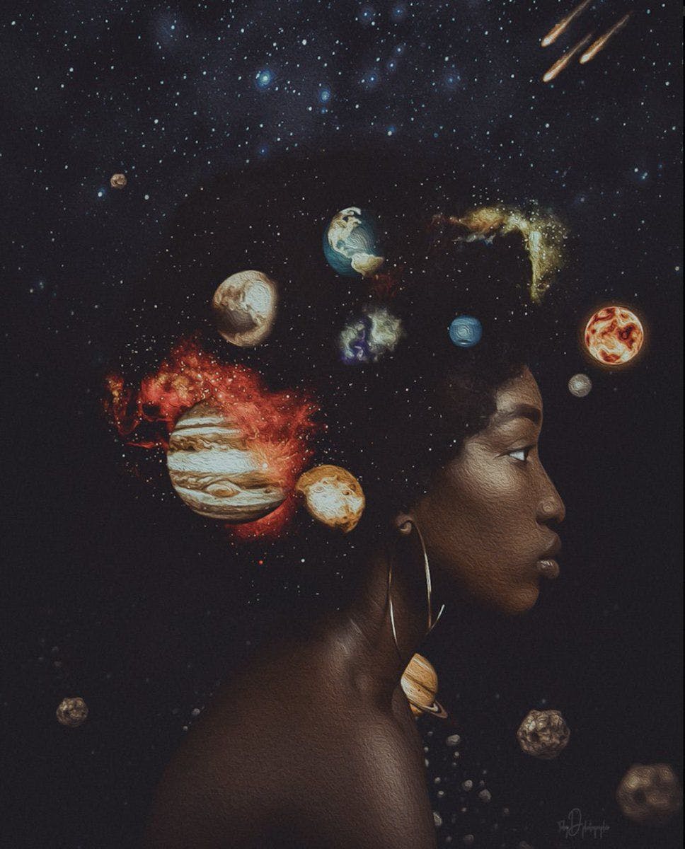 Photographic/illustration of a woman with planets forming part of her hair